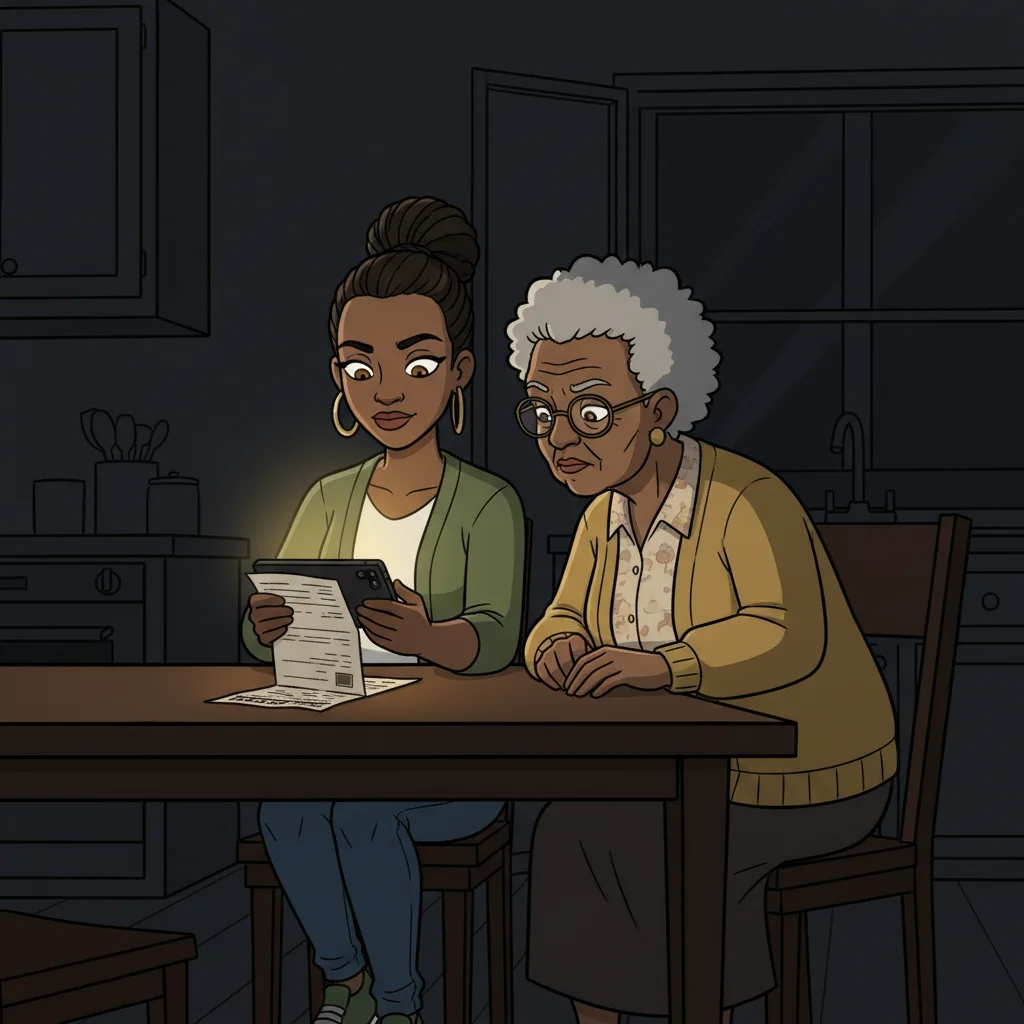 Mom photographs a bill with her phone while Grandma leans in.