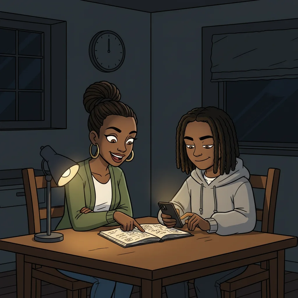 Mom points at a notebook while the teen types on his phone, planning the business.