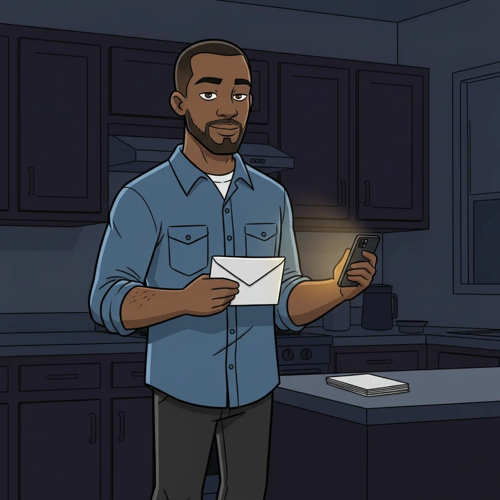 Dad holds an envelope in one hand and his glowing phone in the other.