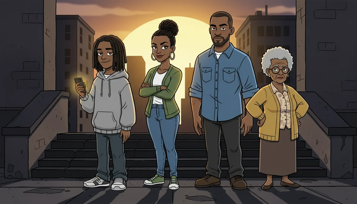 The family standing together on a city stoop at sunrise. Mom in front with arms crossed, Dad, the teen with his phone, Grandma with hands on hips.
