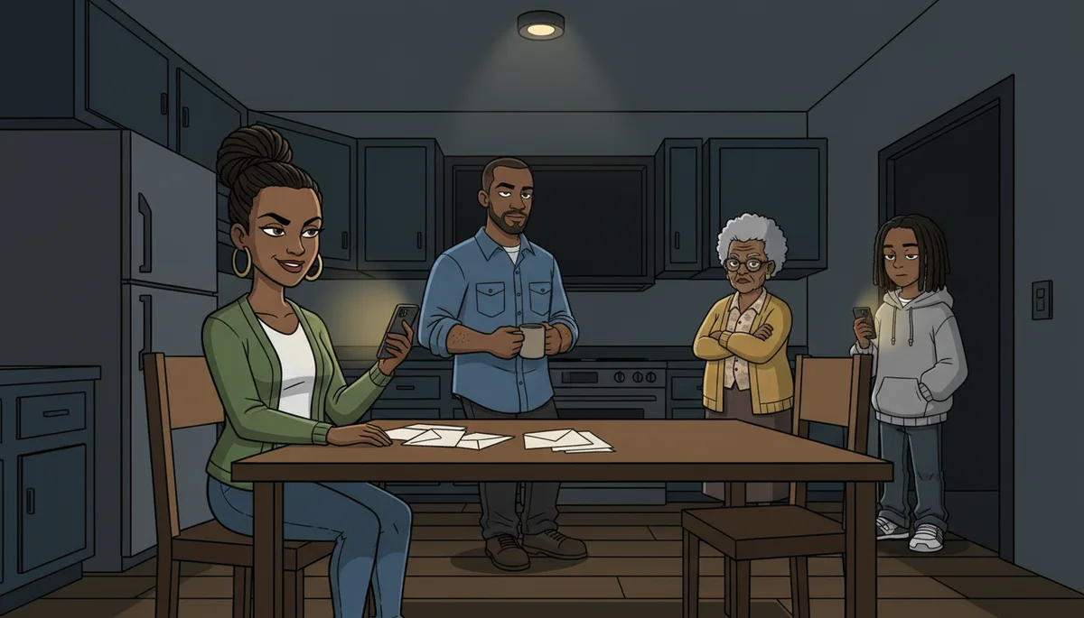 A family in a dark kitchen at night. Mom at the table with her phone glowing, Dad with coffee, Grandma watching, the teen in the doorway.