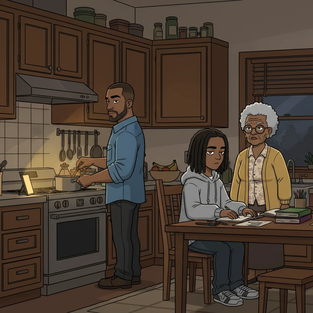 Dad cooks with his phone propped on the counter while the teen does homework and Grandma watches.