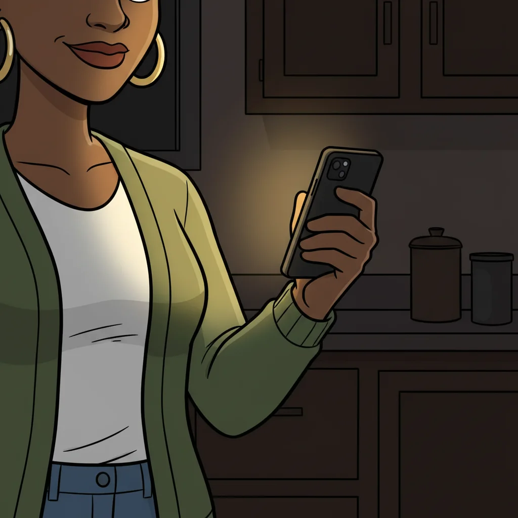 Close up of Mom's hand holding a phone that glows warm gold.
