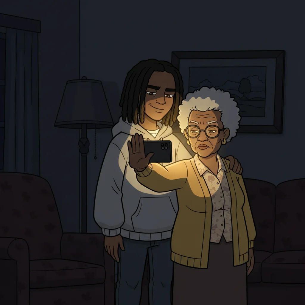 The teen holds up a hand to stop as Grandma holds her phone, both unimpressed.